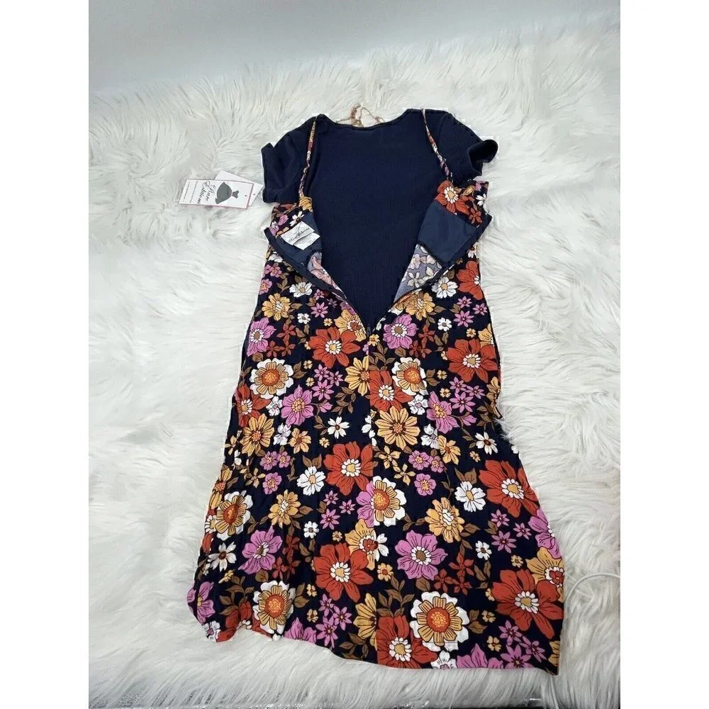 RARE EDITIONS 3pc Dress Set Girls Navy  Size 14 Top Necklace Floral Printed NEW